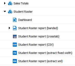 A DataBlock in the Explorer Tree with five reports and a dashboard underneath it